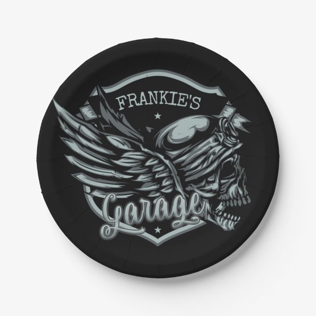 Individuelle Name Biker Skull Wings Motorradgarage Pappteller (Vorderseite)