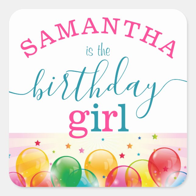 individuelle Name Birthday Girl Festival Rosa/Aqua Quadratischer Aufkleber (Vorderseite)