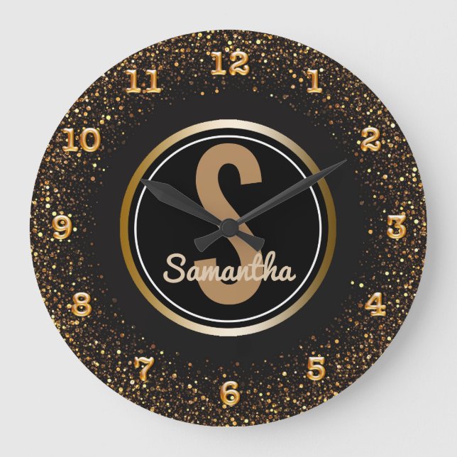 Individuelle Name Black and Gold Imitate Glitzer Große Wanduhr (Vorderseite)