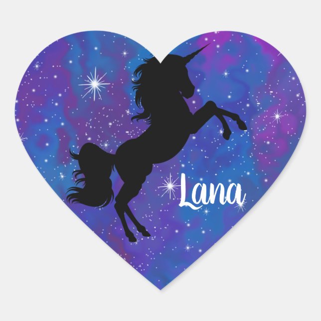 Individuelle Name Blau/Lila Galaxy Einhorn Aufkleb Herz-Aufkleber (Vorderseite)