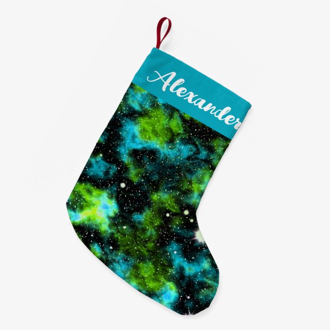 Individuelle Name Blau und Grüngalaxie Kosmisch Kleiner Weihnachtsstrumpf (Vorderansicht (hängend))