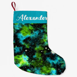Individuelle Name Blau und Grüngalaxie Kosmisch Kleiner Weihnachtsstrumpf