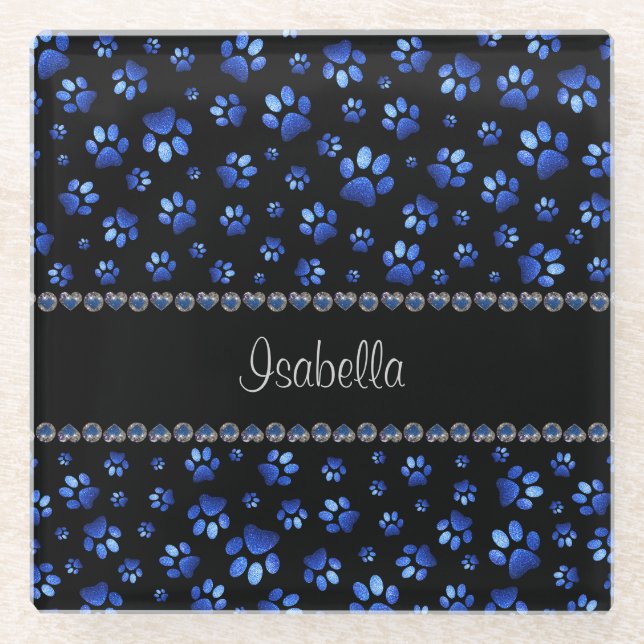 Individuelle Name, blaue Glitzer-Hundpaare Glasuntersetzer (Vorderseite)