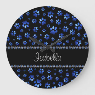 Individuelle Name, blaue Glitzer-Hundpaare Große Wanduhr