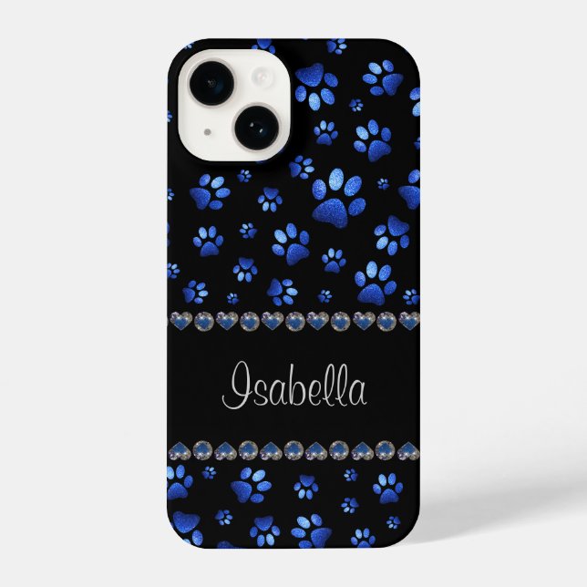 Individuelle Name, blaue Glitzer-Hundpaare iPhone 14 Hülle (Rückseite)