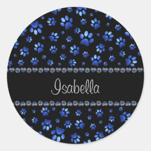Individuelle Name, blaue Glitzer-Hundpaare Runder Aufkleber