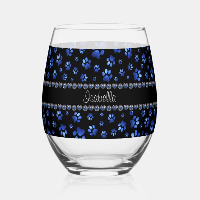 Individuelle Name, blaue Glitzer-Hundpaare Weinglas Ohne Stiel (Vorderseite)