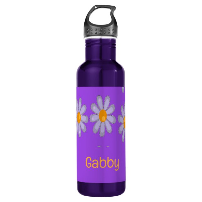 Individuelle Name blauer Blumen auf lila Edelstahlflasche (Vorderseite)