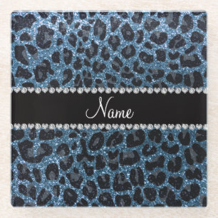 Individuelle Name-Blauer Leopardendruck Glitzer Glasuntersetzer