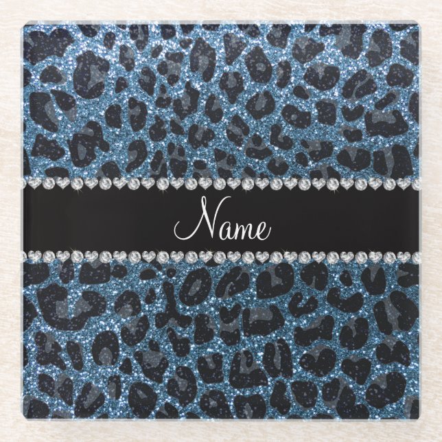 Individuelle Name-Blauer Leopardendruck Glitzer Glasuntersetzer (Vorderseite)