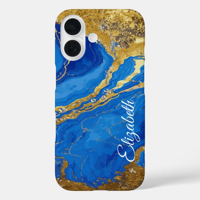 Individuelle Name Blauer Marmor und Goldleaf iPhone 16 Hülle (Rückseite)