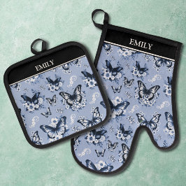 Individuelle Name Blue Butterfly Pattern Ofenhandschuh & Topflappen-Set