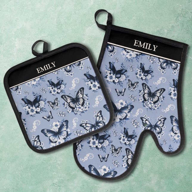 Individuelle Name Blue Butterfly Pattern Ofenhandschuh & Topflappen-Set (Von Creator hochgeladen)