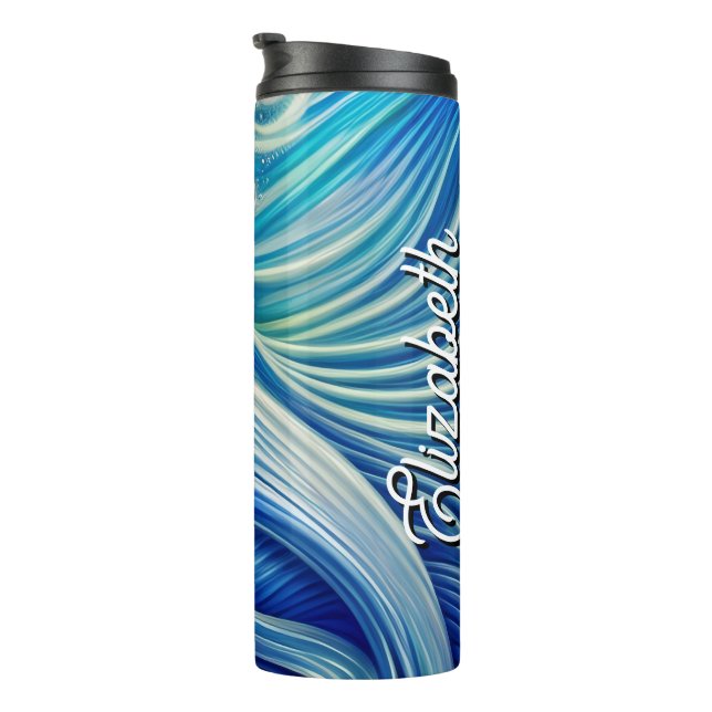 Individuelle Name Blue mit Gold Abstrakt Ocean Wav Thermosbecher (Nach rechts gedreht)