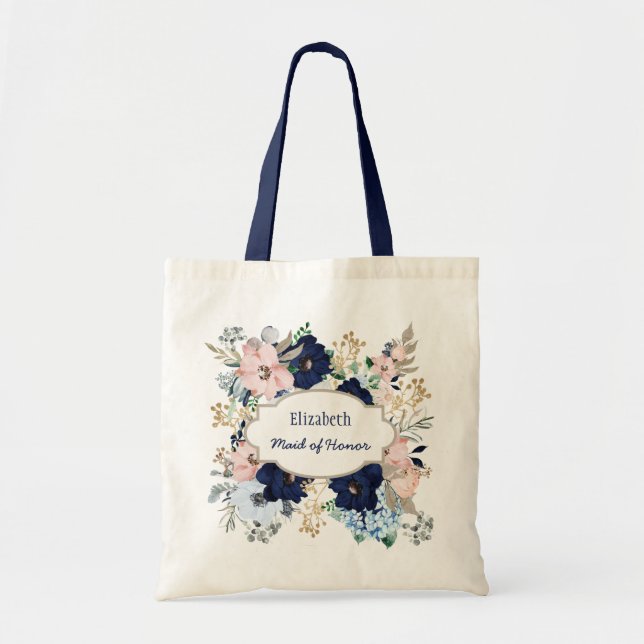 Individuelle Name Blue Pink Rose Bridal Tragetasche (Vorne)