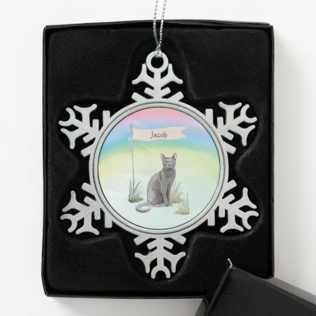 Individuelle Name Blue Russian Cat Pet Schneeflocken Zinn-Ornament (Box)