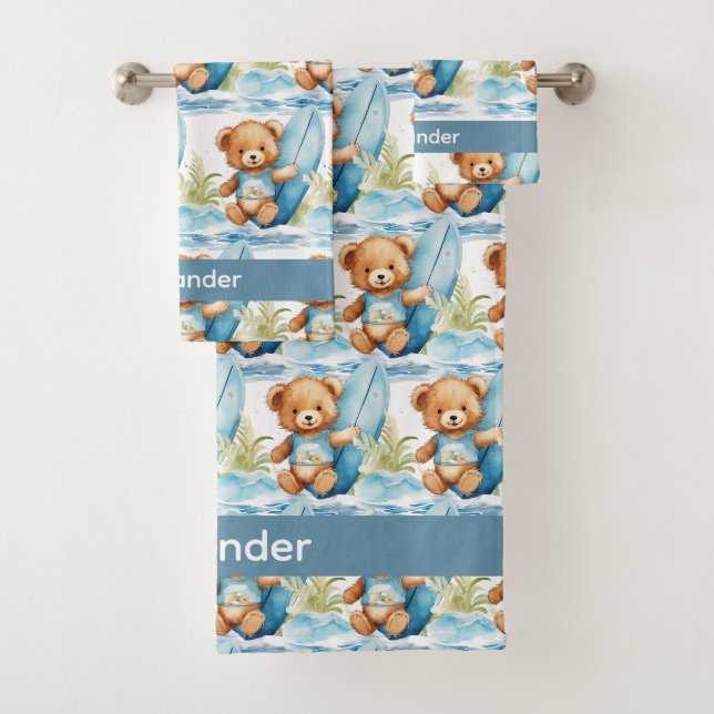 Individuelle Name Blue Teddy Bear Boy's Bath Handt Badhandtuch Set (Insitu)
