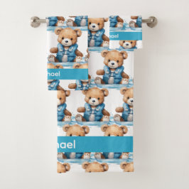 Individuelle Name Blue Teddy Bear Boy's Bath Handt Badhandtuch Set