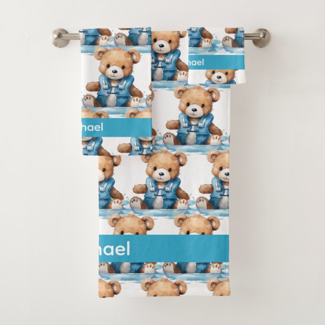 Individuelle Name Blue Teddy Bear Boy's Bath Handt Badhandtuch Set (Insitu)