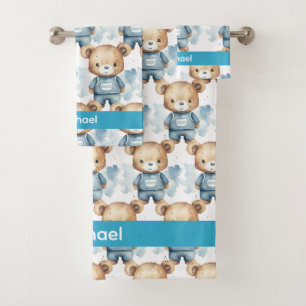 Individuelle Name Blue Teddy Bear Boy's Bath Handt Badhandtuch Set