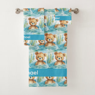 Individuelle Name Blue Teddy Bear Boy's Bath Handt Badhandtuch Set