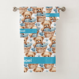 Individuelle Name Blue Teddy Bear Boy's Bath Handt Badhandtuch Set