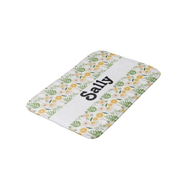 Individuelle Name Blume und Blätter auf weiß Badematte (Schrägansicht)