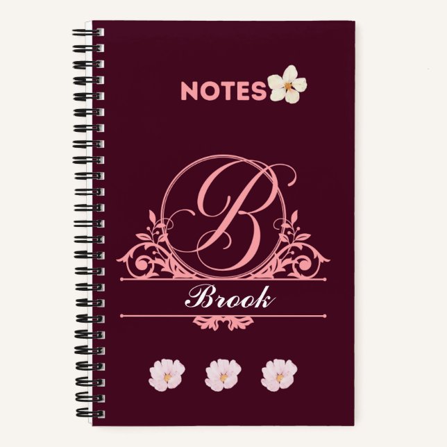 Individuelle Name Blumendesign in Burgund Notizbuch (Vorderseite)