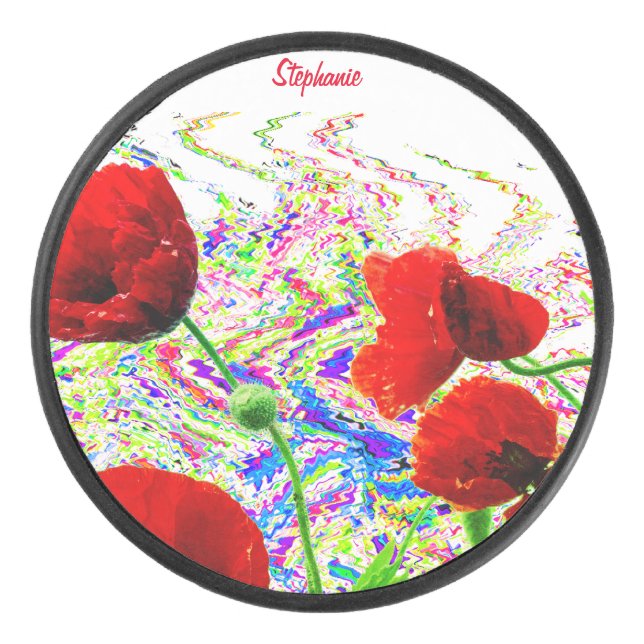 Individuelle Name Blumenmohn Blume Farblich Künstl Eishockey Puck (Vorderseite)