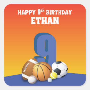 Individuelle Name Boy 9. Geburtstag Sportbälle Quadratischer Aufkleber