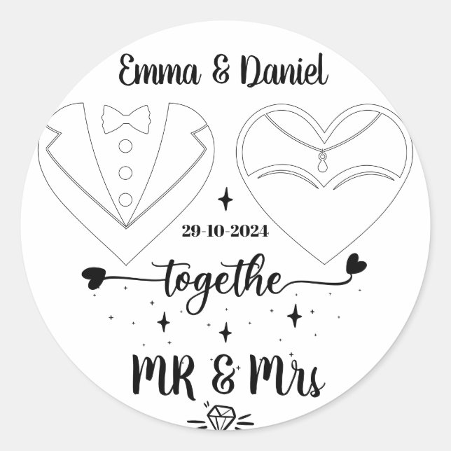 individuelle Name Braut und Bräutigam moderne Pins Runder Aufkleber (Vorderseite)