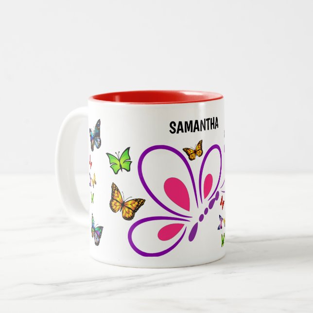Individuelle Name Butterfly Tasse mit Farbakzent (Vorderseite Links)
