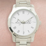 Individuelle Name Calligraphy Script Trendy Elegan Armbanduhr<br><div class="desc">Erstellen Sie Ihre eigene personalisierte Armbanduhr mit Ihrem individuelle Name. Fügen Sie Ihre Initialen oder benutzerdefinierten Text, um etwas wirklich Einzigartiges zu erstellen. Um diese Designvorlage zu bearbeiten, bearbeiten Sie einfach die Textfelder wie oben gezeigt. Sie können sogar mehr Text oder Bilder hinzufügen, Schriftart und Farben anpassen. Leckerei selbst oder...</div>