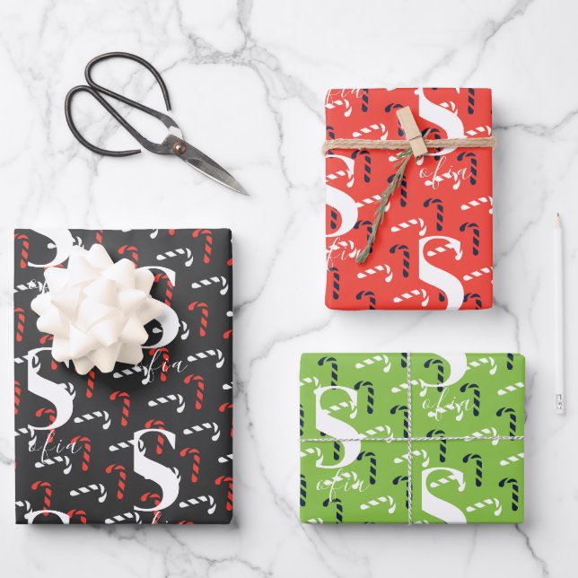 Individuelle Name Candy Cane Christmas Red Green B Geschenkpapier Set (Vorderseite)