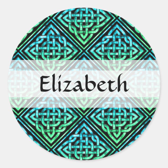 Individuelle Name Celtic Knot: Blue Green Round St Runder Aufkleber (Vorderseite)