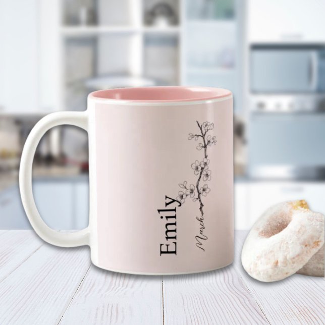 Individuelle Name Cherry Blossom März Geburtsdatum Zweifarbige Tasse (Custom Name Cherry Blossom March Birth Flower Two-Tone Coffee Mug)