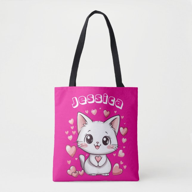 & Individuelle Name Chibi Cat Tote Beutel mit rosa Tasche (Vorderseite)