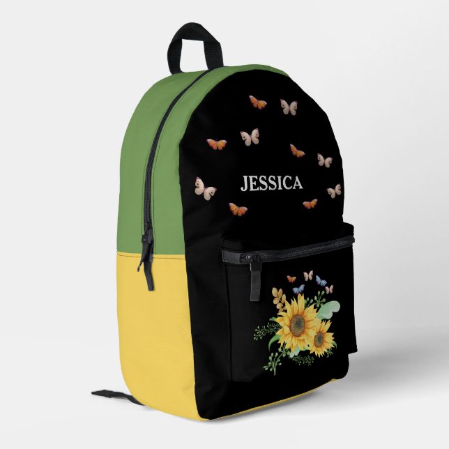 Individuelle Name Chic Sonnenblume und Schmetterli Bedruckter Rucksack (Rückseitige Ecke links)