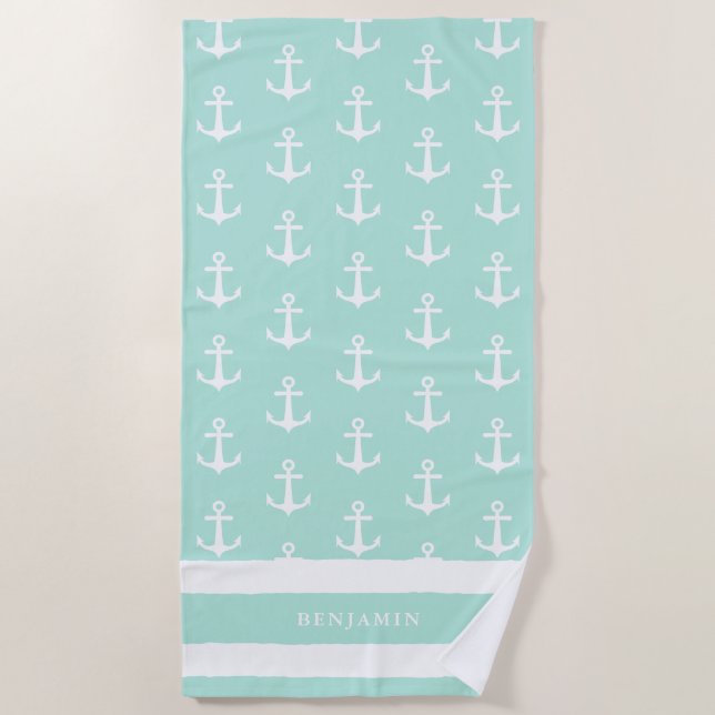 Individuelle Name Coastal Aqua Blue White Anchor Strandtuch (Vorderseite)
