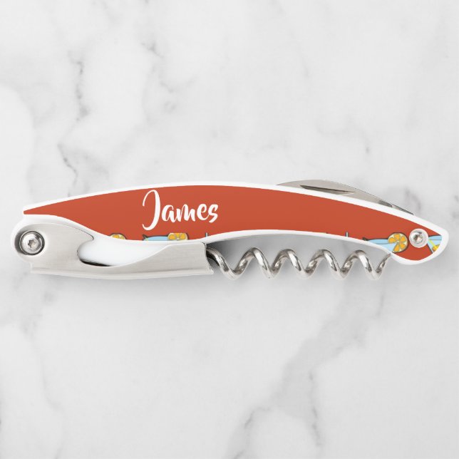 individuelle Name-Cocktailbrille auf rot Kellnermesser (Vorderseite)