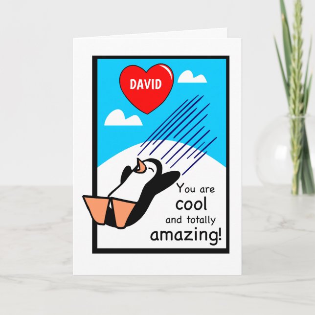 Individuelle Name Cool Valentine Penguin Karte (Vorderseite)
