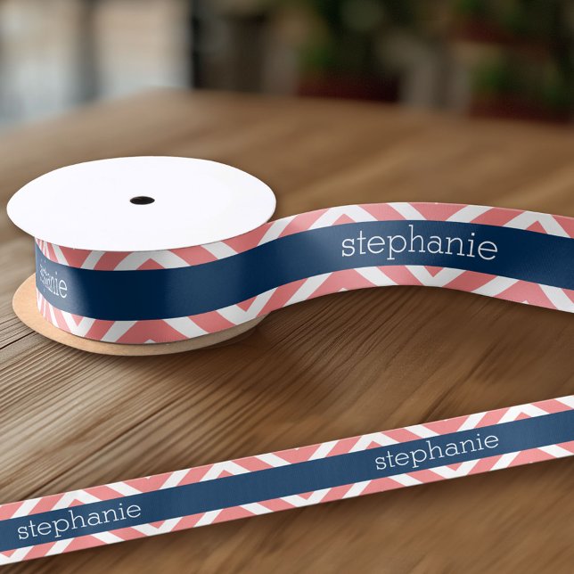 Individuelle Name Coral and Navy Blue Chevrons Satinband (Custom Ribbon - add your personalized text)