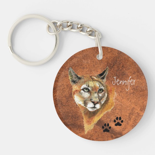 Individuelle Name Cougar Puma Mountain Lion Art Schlüsselanhänger (Vorderseite)