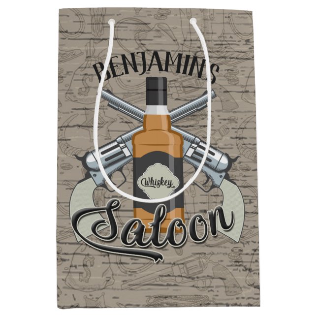 Individuelle Name Cowboy Revolver Gun Whiskey Salo Mittlere Geschenktüte (Vorderseite)