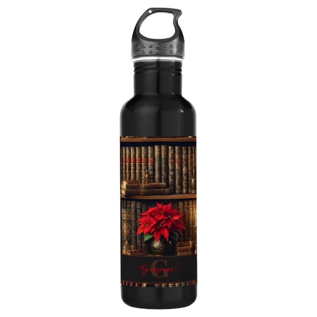 Individuelle Name Dark Academia Poinsettia Bibliot Edelstahlflasche (Vorderseite)