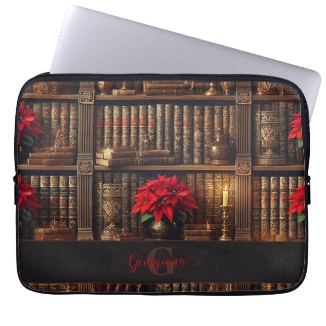Individuelle Name Dark Academia Poinsettia Bibliot Laptopschutzhülle (Vorderseite)