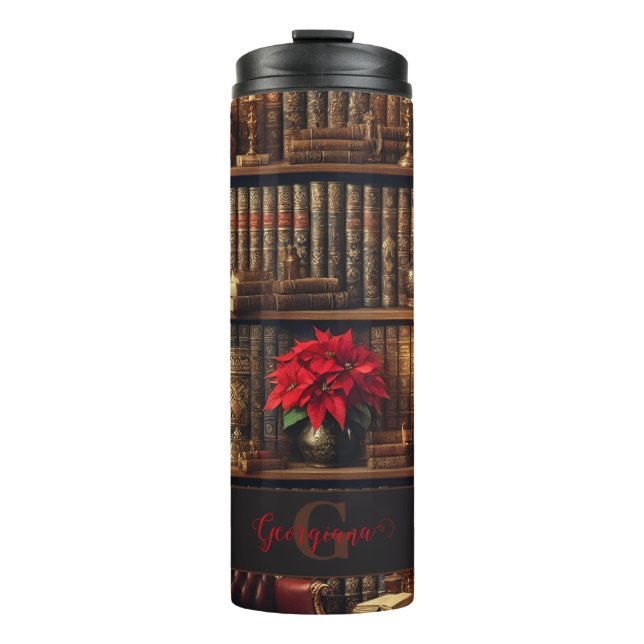 Individuelle Name Dark Academia Poinsettia Bibliot Thermosbecher (Vorderseite)