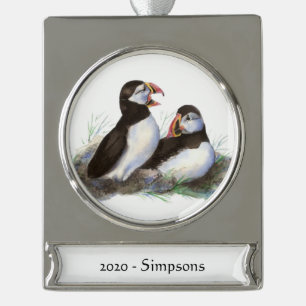 Individuelle Name Datum Niedlich Puffin Vögel Banner-Ornament Silber