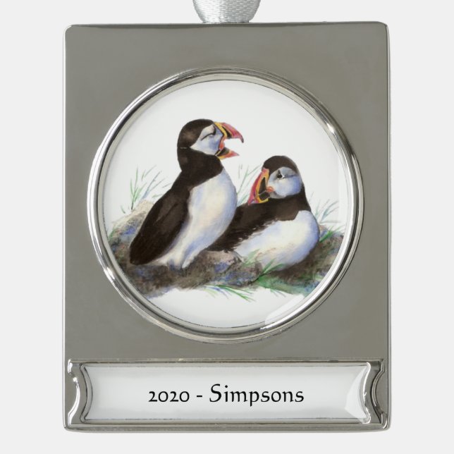 Individuelle Name Datum Niedlich Puffin Vögel Banner-Ornament Silber (Vorderseite)