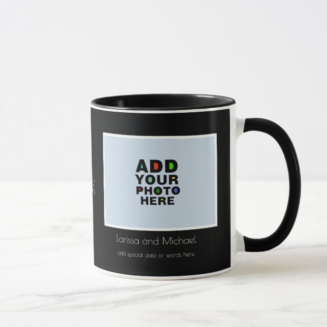 individuelle Name, Datum und Foto weiß und schwarz Tasse (Rechts)